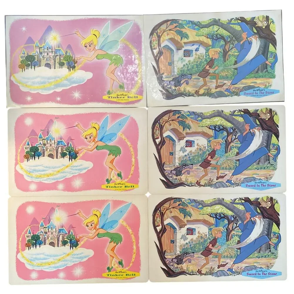 Vintage 1960s Walt Disney Laminated Placemats Tinker Bell Sword Stone Set 6